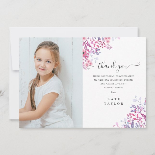 Lavender Wildflowers First Holy Communion Photo Thank You Card (Front)