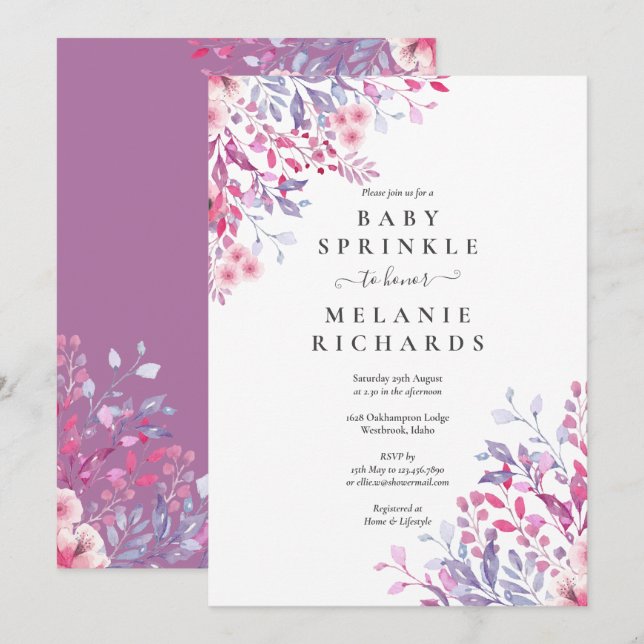 Lavender Wildflowers Floral Baby Sprinkle / Shower Invitation (Front/Back)