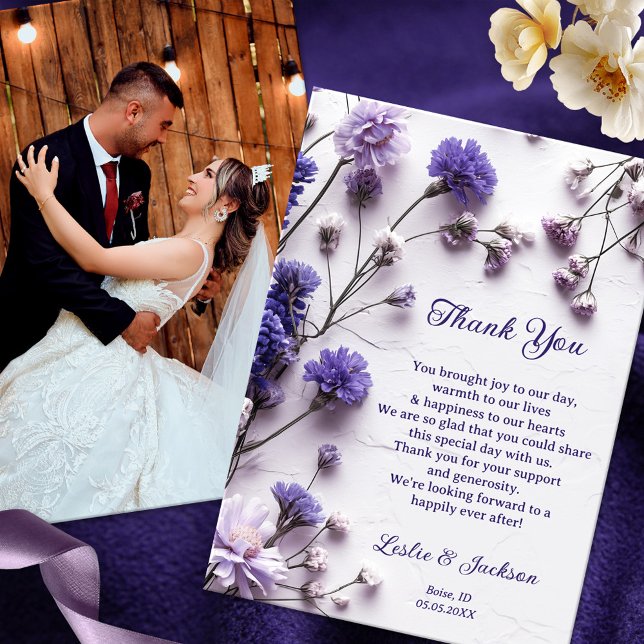 Lavender Wildflowers Wedding Photo  Thank You Card (Wedding Thank You card featuring your own wedding photo and elegant lavender and purple wildflowers)