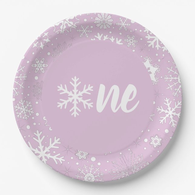 Lavender Winter First Birthday Snowflake One Paper Plates (Front)