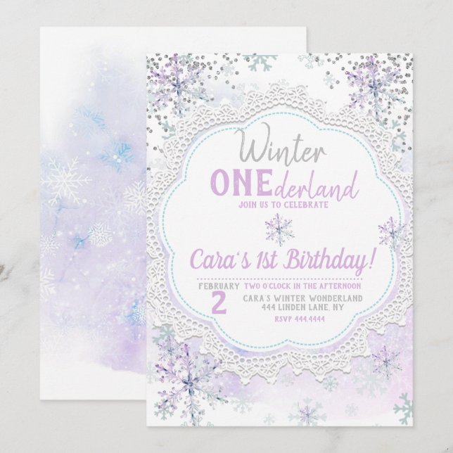 Lavender Winter Onederland 1st Birthday Invitation (Front/Back)