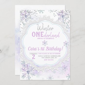 Lavender Winter Onederland 1st Birthday Invitation by ThreeFoursDesign at Zazzle