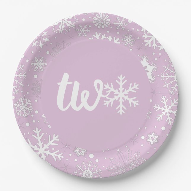Lavender Winter Second Birthday Snowflake Plates (Front)
