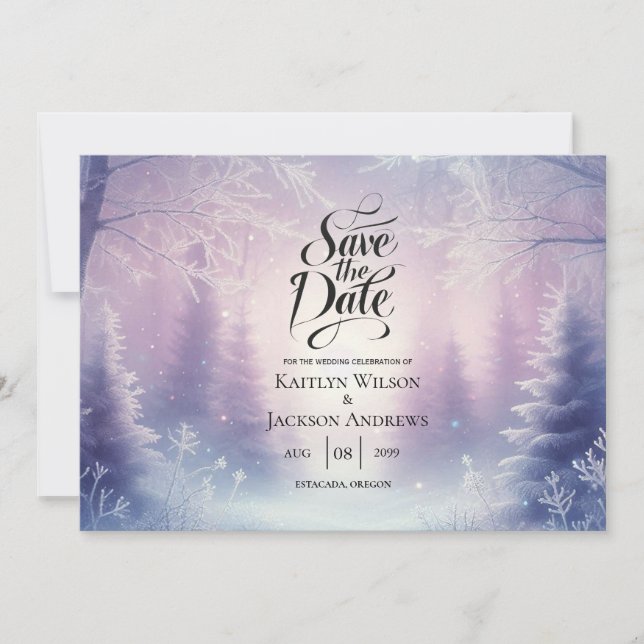 Lavender Winter Snowfall Serenade Wedding Save The Date (Front)