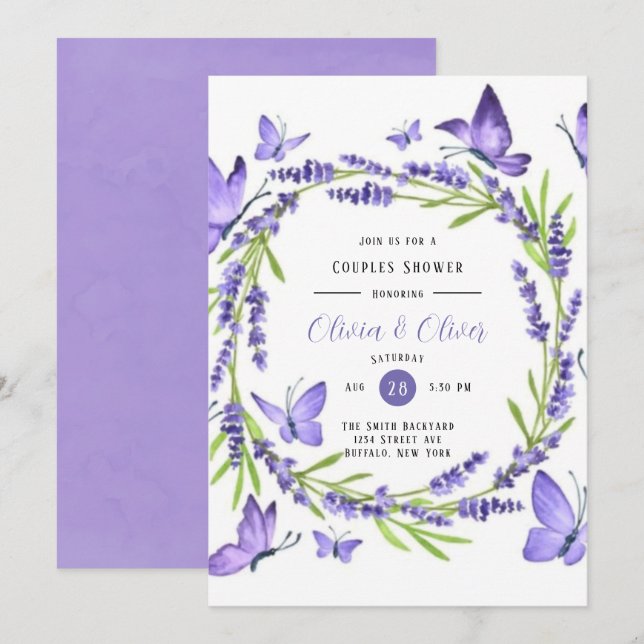 Lavender Wisteria And Butterflies Couples Shower Invitation (Front/Back)