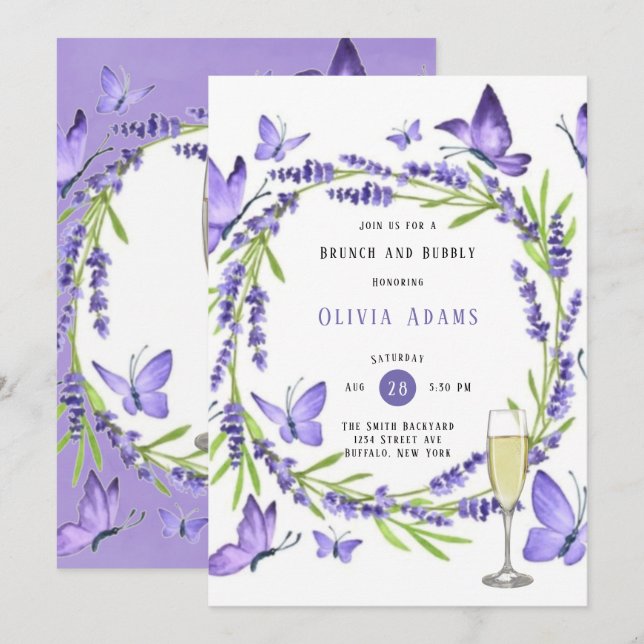 Lavender Wisteria & Butterflies Brunch & Bubbly In Invitation (Front/Back)