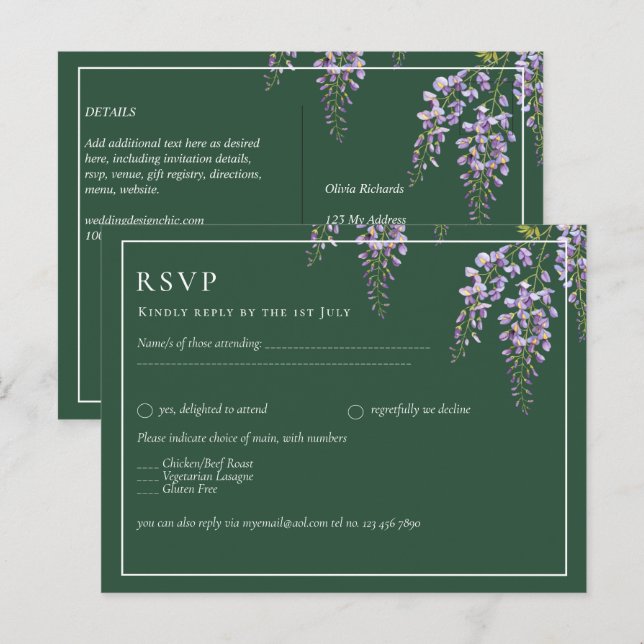 Lavender WISTERIA Emerald Green All-in-1 Wedding Postcard (Front/Back)