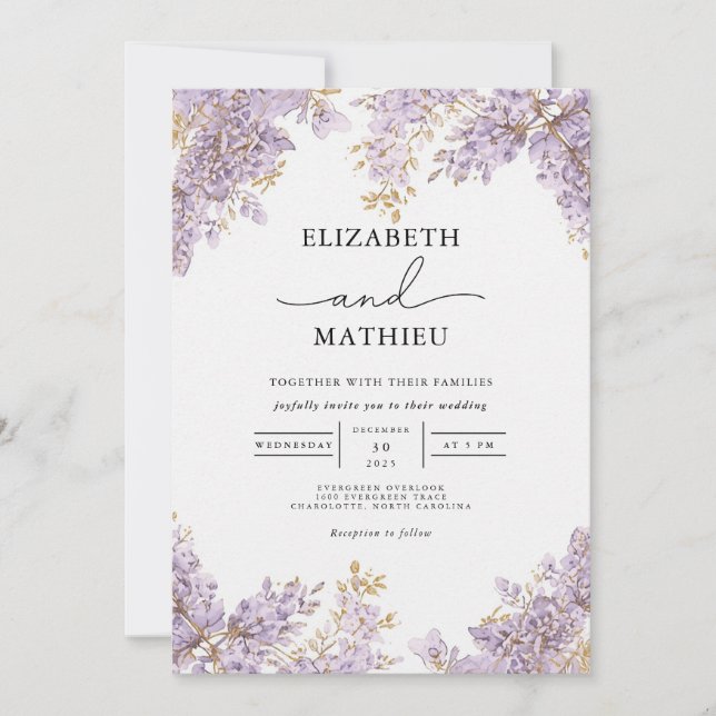 Lavender Wisteria Floral Wedding Invitation (Front)