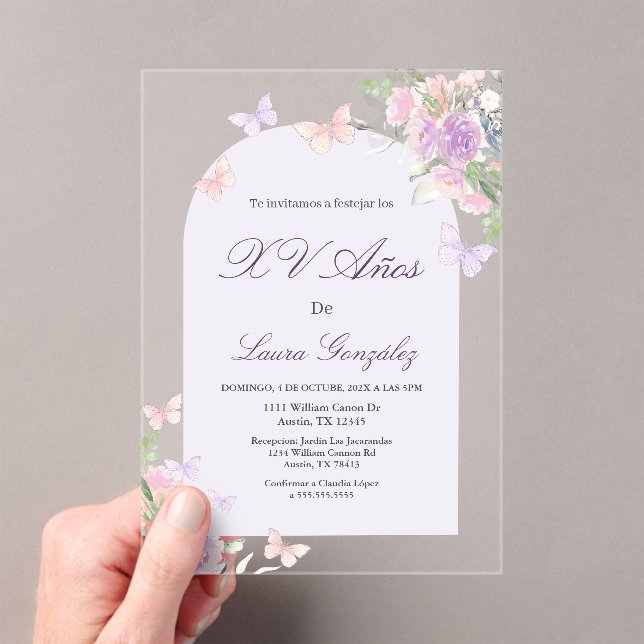 Lavender with butterflies Quinceanera spanish Acry Acrylic Invitations (Insitu (Handheld))
