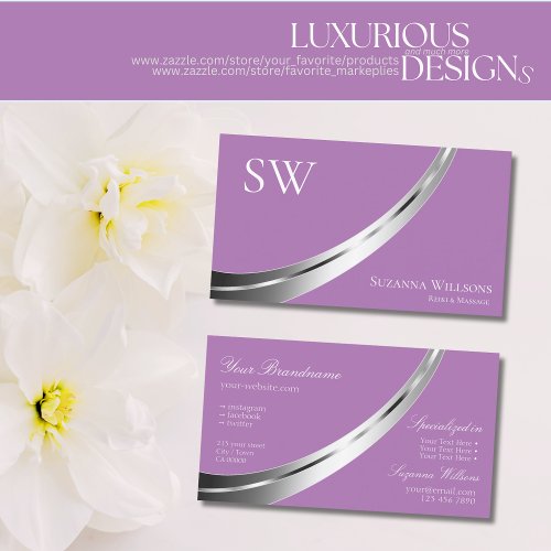 Lavender with Silver Decor and Monogram Stylish Business Card