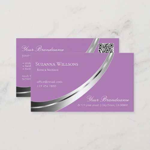 Lavender with Silver Decor and QR_Code Stylish Business Card