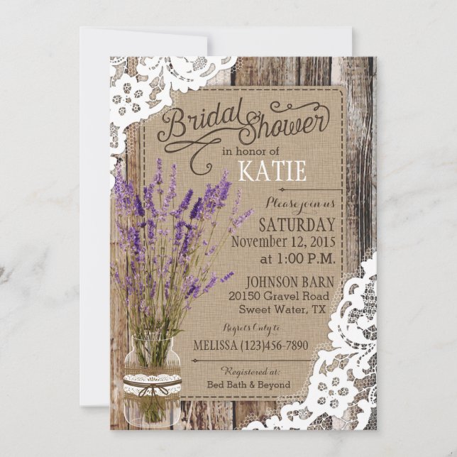 Lavender Wood Lace Rustic Bridal Shower Invitation (Front)