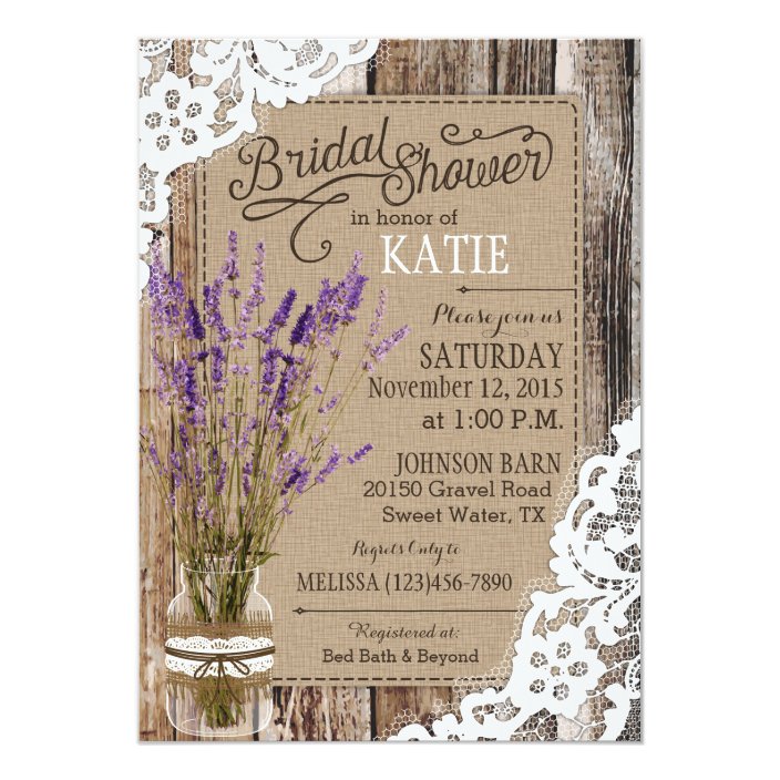 Lavender Wood Lace Rustic Bridal Shower Invitation Zazzle Lace Rustic Bridal Shower Invitation