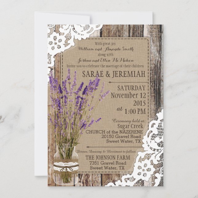 Lavender Wood Lace Rustic Wedding Invitation (Front)