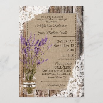 Lavender Wood Lace Rustic Wedding Invitation by NouDesigns at Zazzle