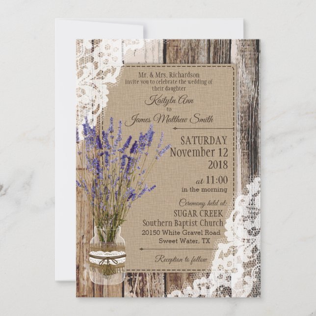 Lavender Wood Lace Rustic Wedding Invitation (Front)