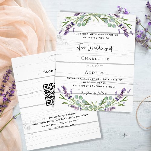 Lavender wood QR code budget wedding invitation Flyer