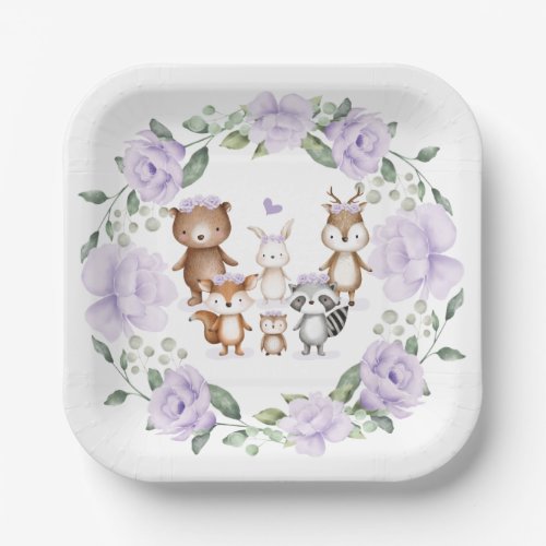 Lavender Woodland Forest Animals Birthday Party Paper Plates