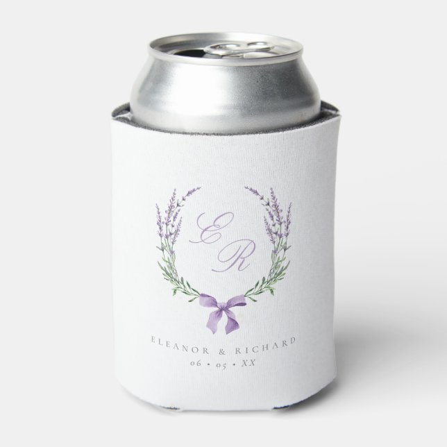 Lavender Wreath & Bow Monogram Wedding Can Cooler (Can Front)