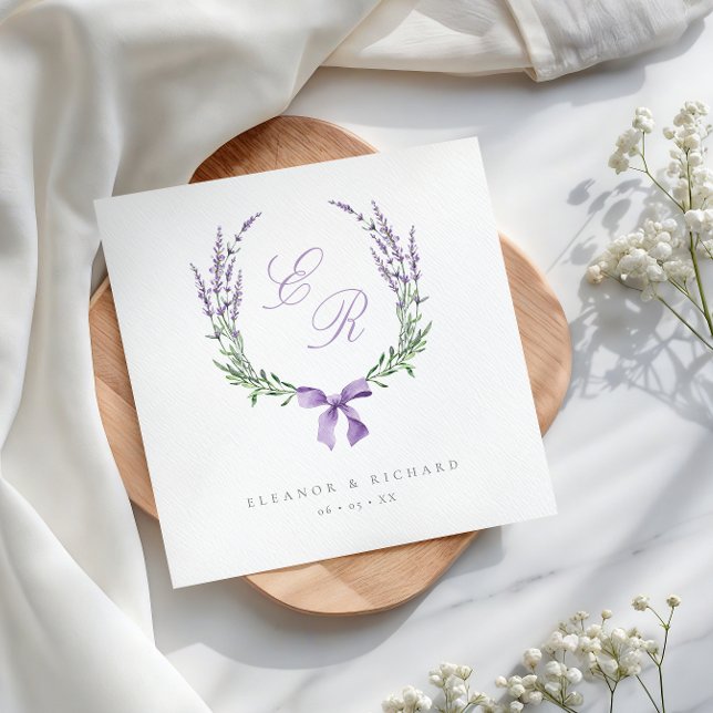 Lavender Wreath & Bow Monogram Wedding Paper Dinner Napkins (Creator Uploaded)