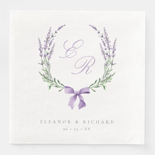 Lavender Wreath & Bow Monogram Wedding Paper Dinner Napkins (Front)