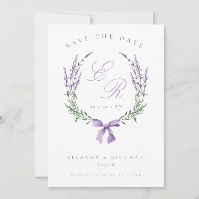 Lavender Wreath & Bow Monogram Wedding Photo Save The Date (Front)