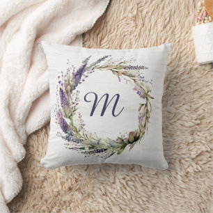 lavender Wreath with Monogram Throw Pillow