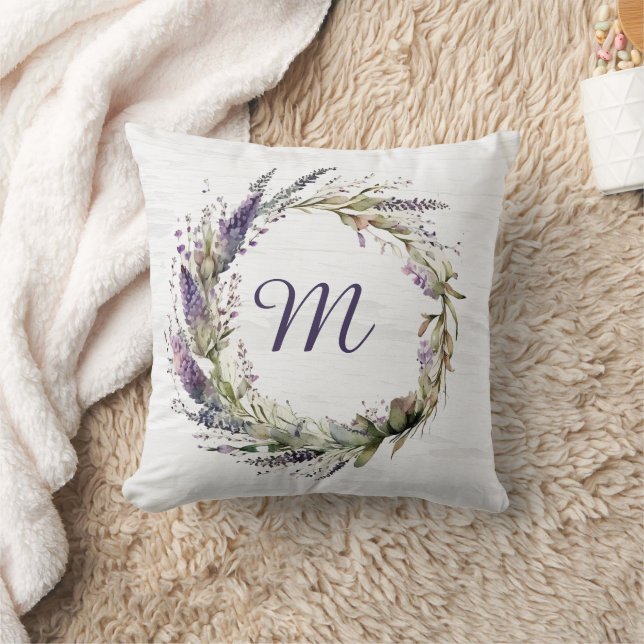 lavender Wreath with Monogram  Throw Pillow (Blanket)