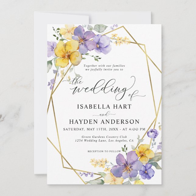 Lavender Yellow Chic Floral Gold Frame Wedding Invitation (Front)