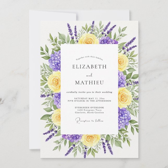 Lavender Yellow Floral Whimsical Wedding Invitation (Front)