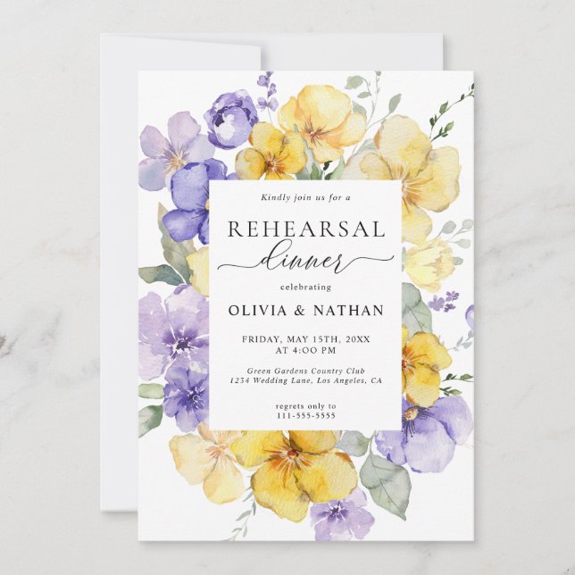 Lavender Yellow Flowers Rustic Rehearsal Dinner Invitation (Front)