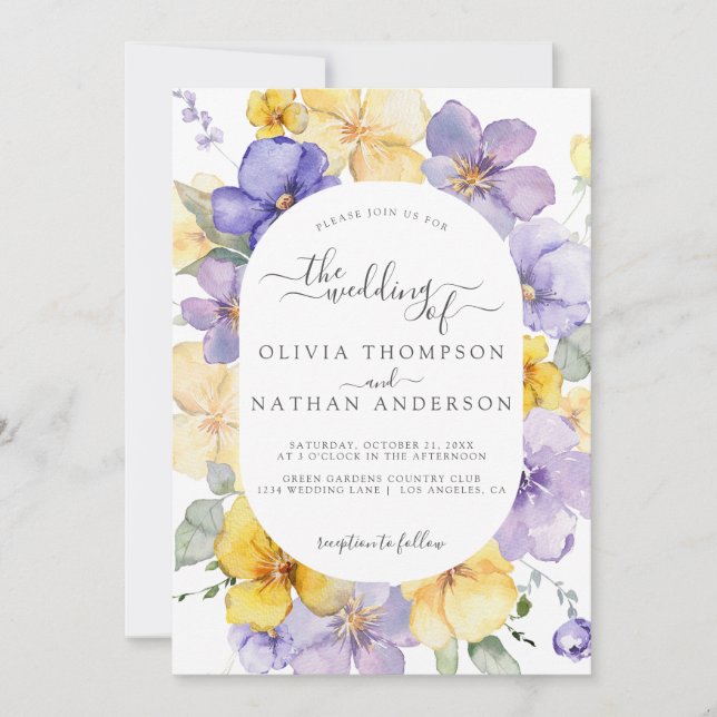 Lavender Yellow Lilac Floral Monogram Wedding Invitation (Front)