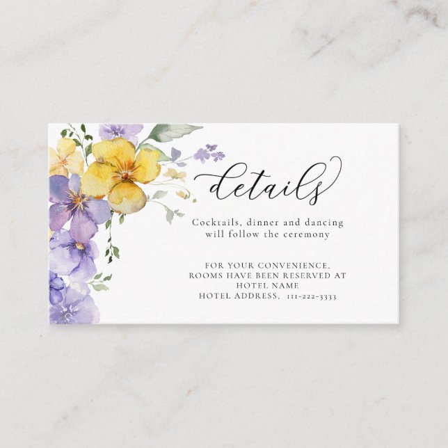 Lavender Yellow Purple Flowers Wedding Details Enclosure Card (Front)