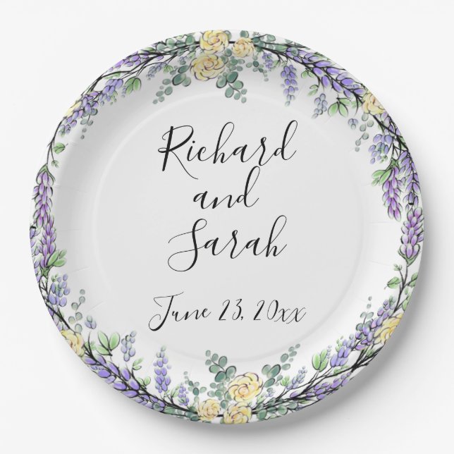 Lavender Yellow Rose and Eucalyptus  Paper Plates (Front)