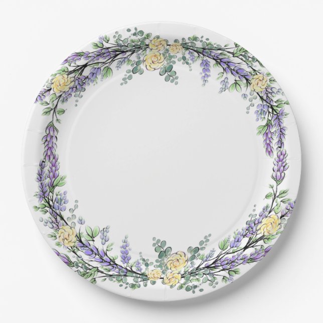 Lavender Yellow Rose and Eucalyptus Paper Plates (Front)