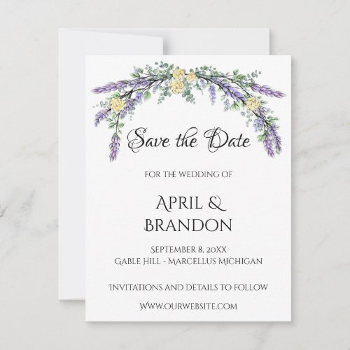 Lavender Yellow Rose and Eucalyptus Save The Date