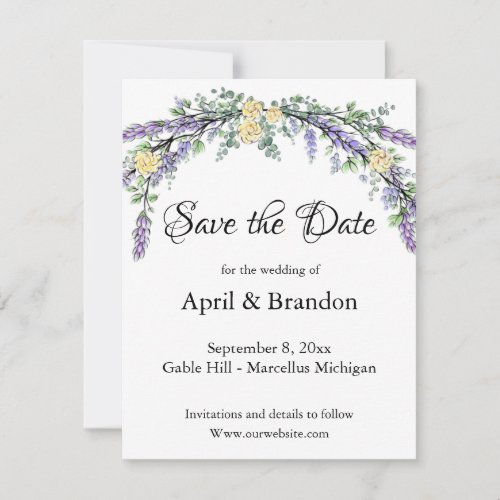Lavender Yellow Rose and Eucalyptus Save The Date