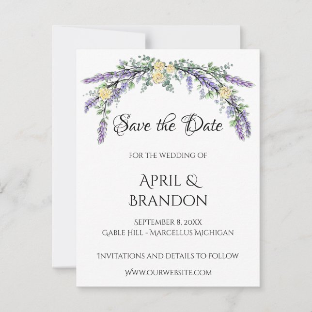 Lavender Yellow Rose and Eucalyptus Wedding Save The Date (Front)