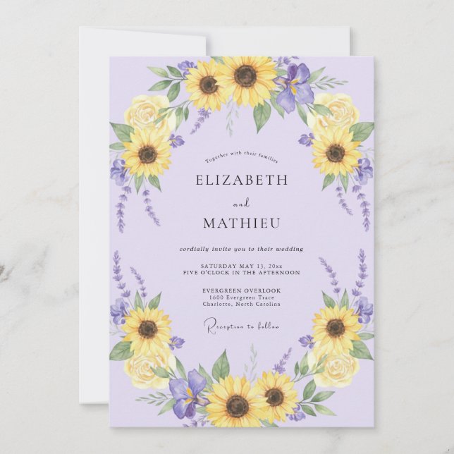 Lavender Yellow Sunflower Flourish Wedding Invitation (Front)
