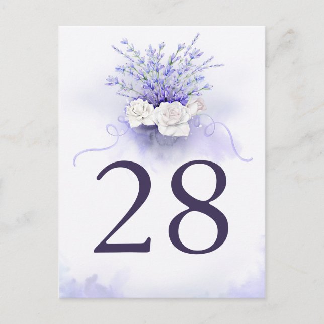 Lavenders and White Rose Wedding Table Number Card (Front)