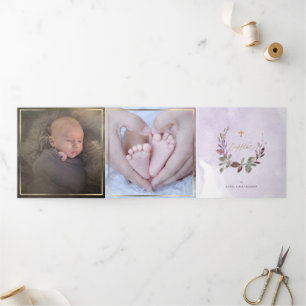 Lavendre Couronne de Feuillage Aquarelle, Bapteme Tri-Fold Invitation