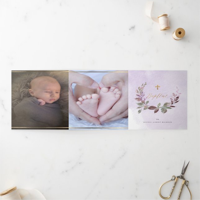 Lavendre Couronne de Feuillage Aquarelle, Bapteme Tri-Fold Invitation (Outside)