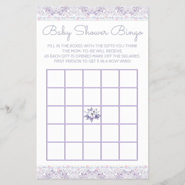 Lavener Lace Girl Baby Shower Bingo Invitation