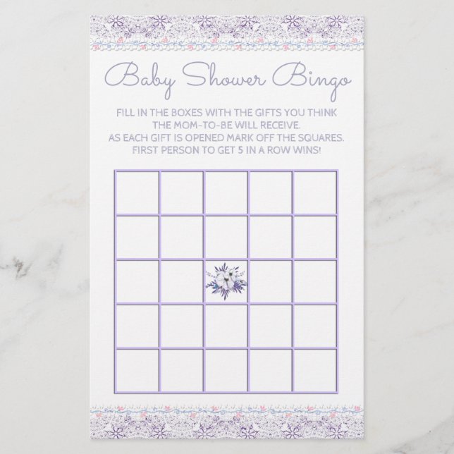 Lavener Lace Girl Baby Shower Bingo Card (Front)