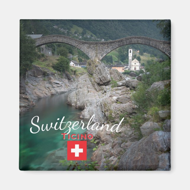Lavertezzo bridge with flag, Switzerland Magnet (Front)