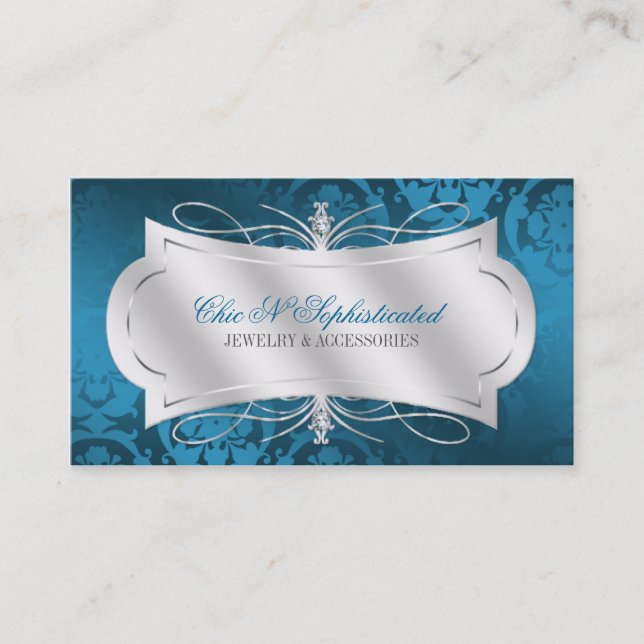 Lavish Blue Diamond Damask Swirl Business Card (Front)