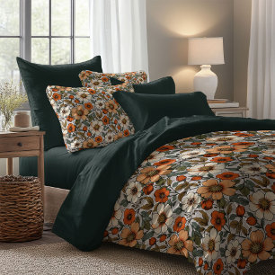 Lavish boho autumn terracotta flowers sage green duvet cover