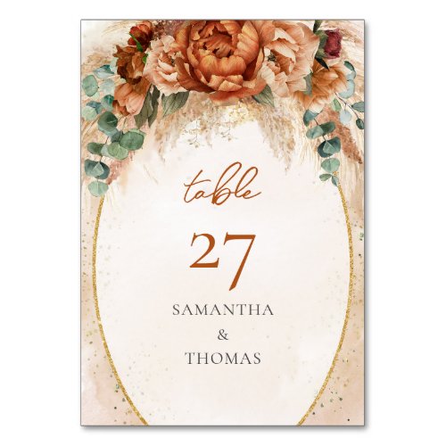 Lavish bouquet terracotta burgundy peonies sage table number