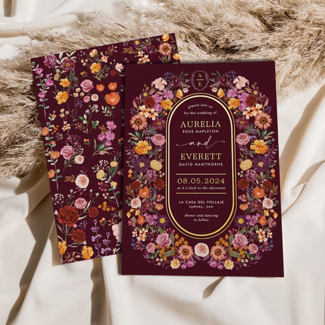 Lavish Burgundy Wildflowers Monogram Crest Wedding Foil Invitation (Creator Uploaded)