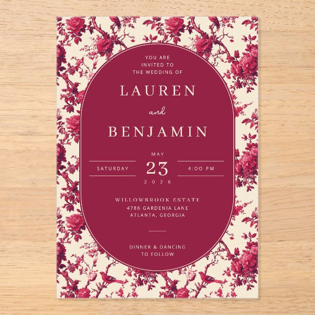 Lavish Crimson Blooms Wedding Acrylic Invitations (Front)